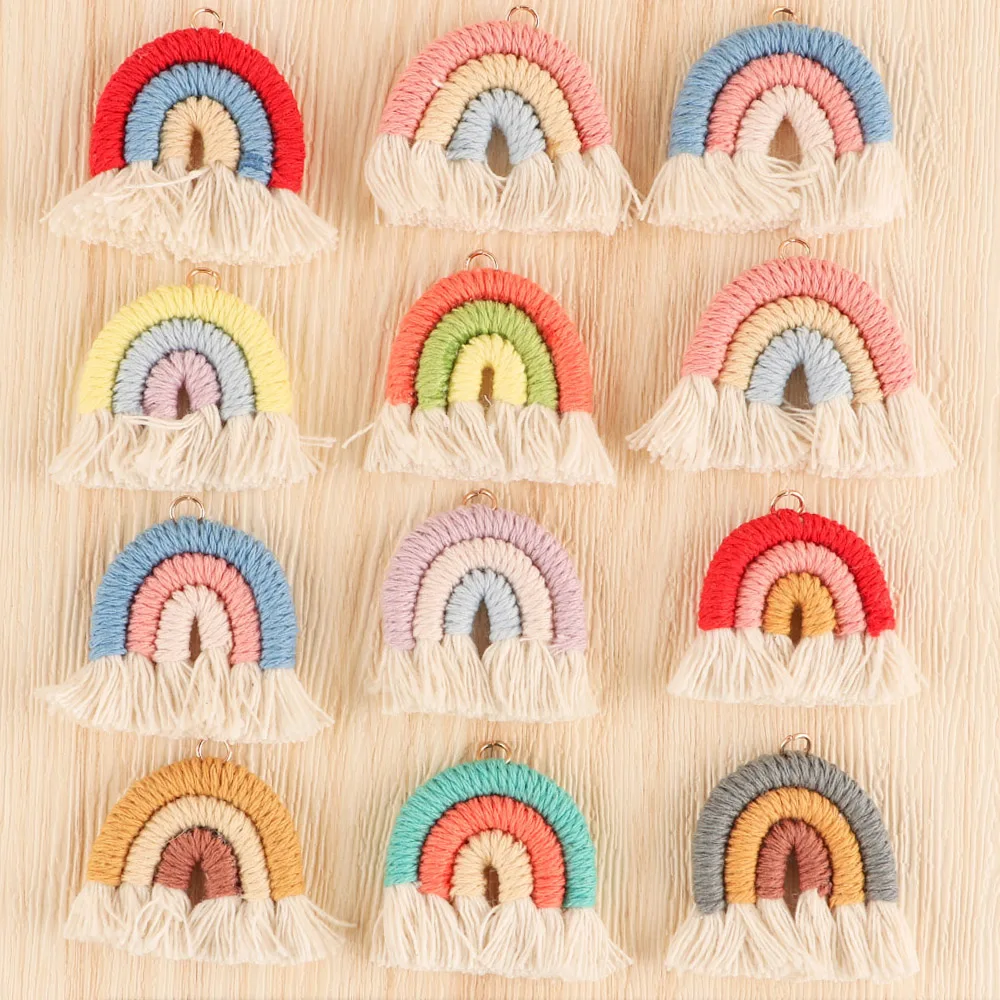 Teething Beads 20/50/100Pcs Handmade Woven Cotton Rope Rainbow Tassels Bead Boho Style Pendants Rainbow Keychain Jewelry Making Accessories
