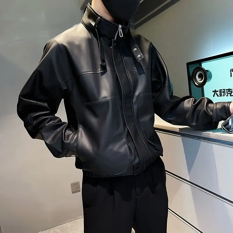 

M-3XL Spring Autumn Pu Leather Coat Men's Korean Version Casual And Handsome Motorcycle Jacket Standing Neck Zipper Long Sleeve