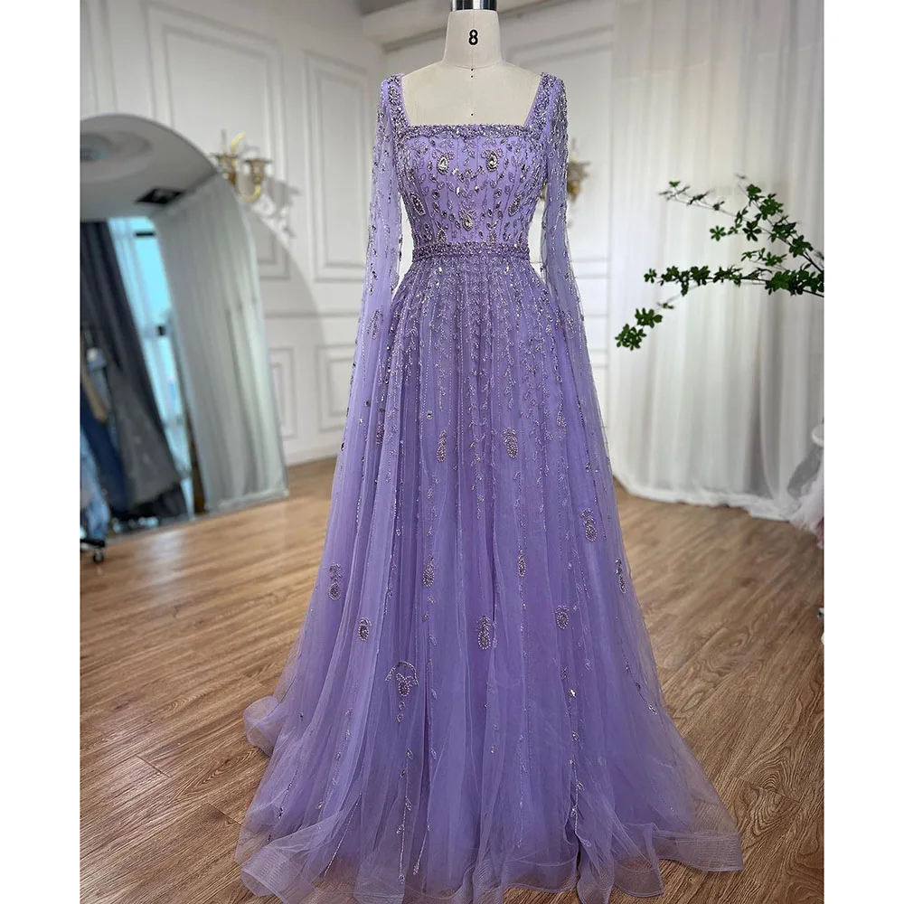 Serene Hill Muslim Pink A Line Square Collar Beaded Luxury Dubai Evening Dresses Gowns 2023 For Women Wedding Party LA71803A