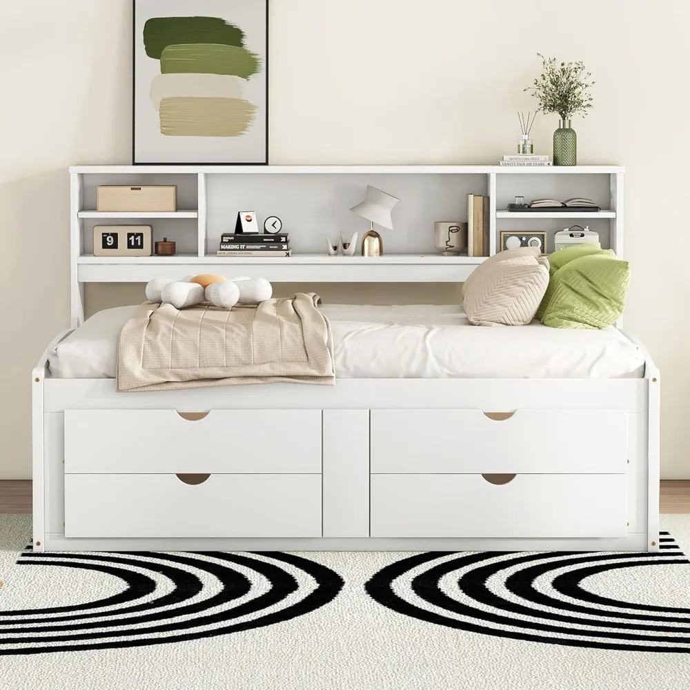 Full Size Captain Bed with Storage Drawers, Wood Daybed with Bookcase Headboard, Full Bookcase Daybeds with 2 Storage Cabinets 3