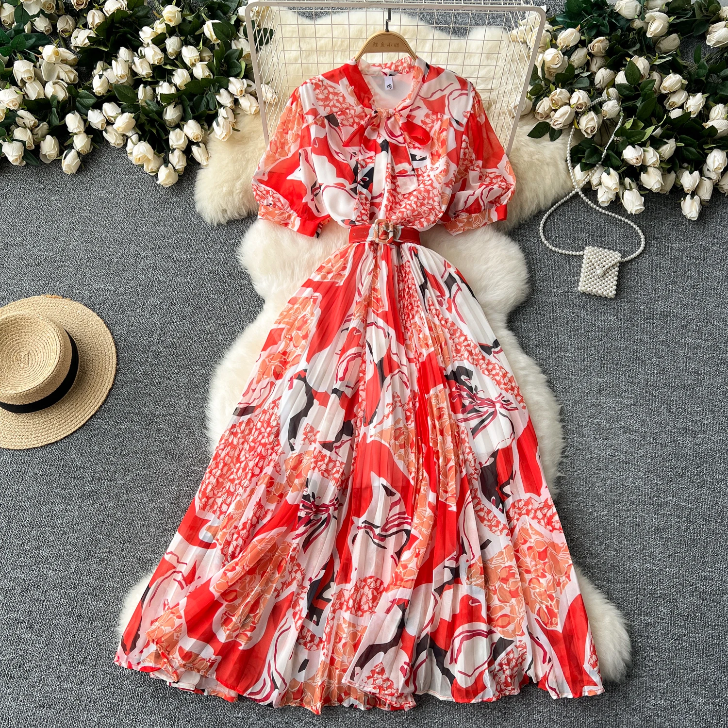 

French Vintage o Neck Puff Sleeve Bandage print Dress Chic Elegant Vestidos Summer Fashion A-line pleated chiffon Dresses