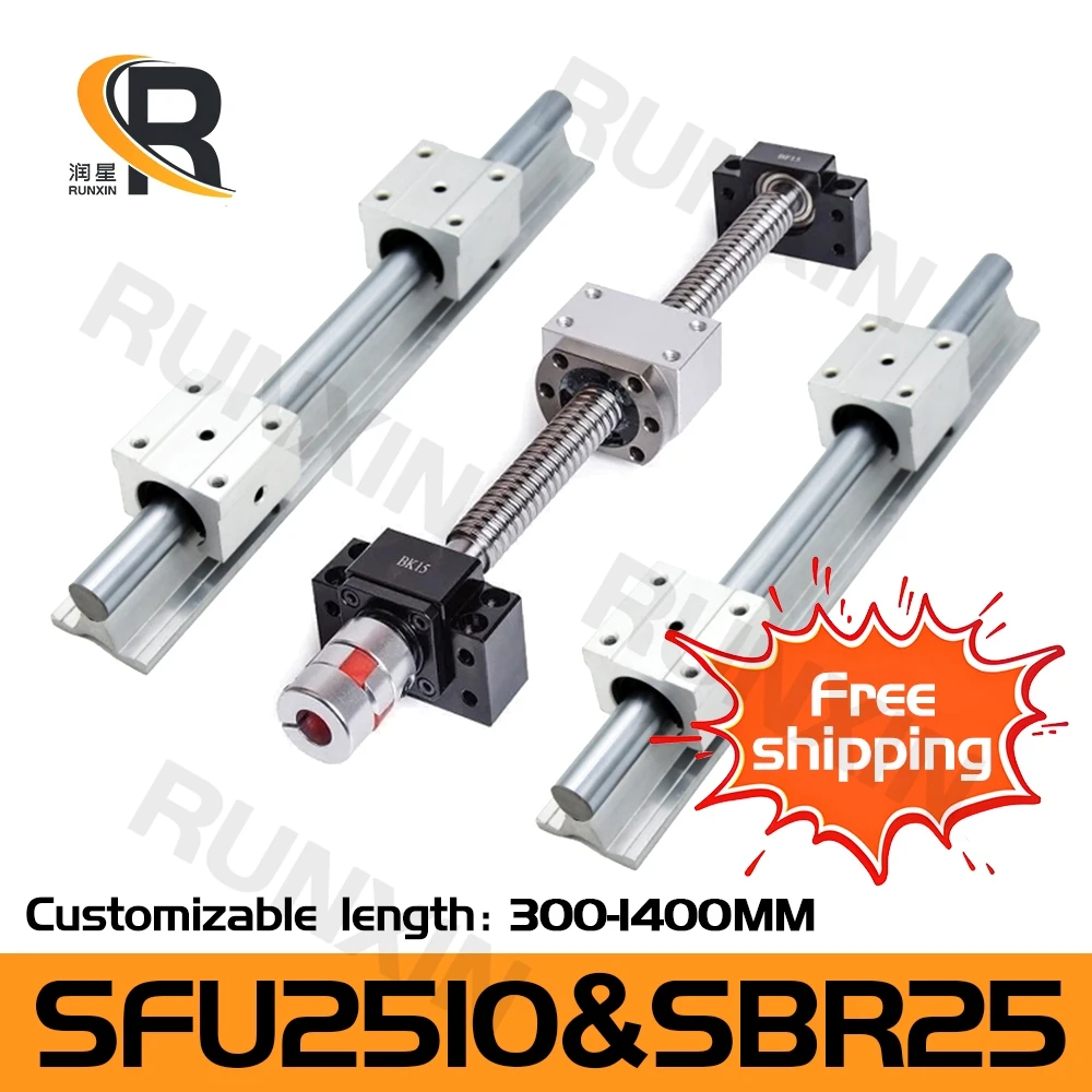 RXTNC ball screw kit 2pcs SBR25 Linear Guides with 4pcs SBR25UU slider blocks+1 Kit SFU2510 300-1400mm for CNC Router Engraving