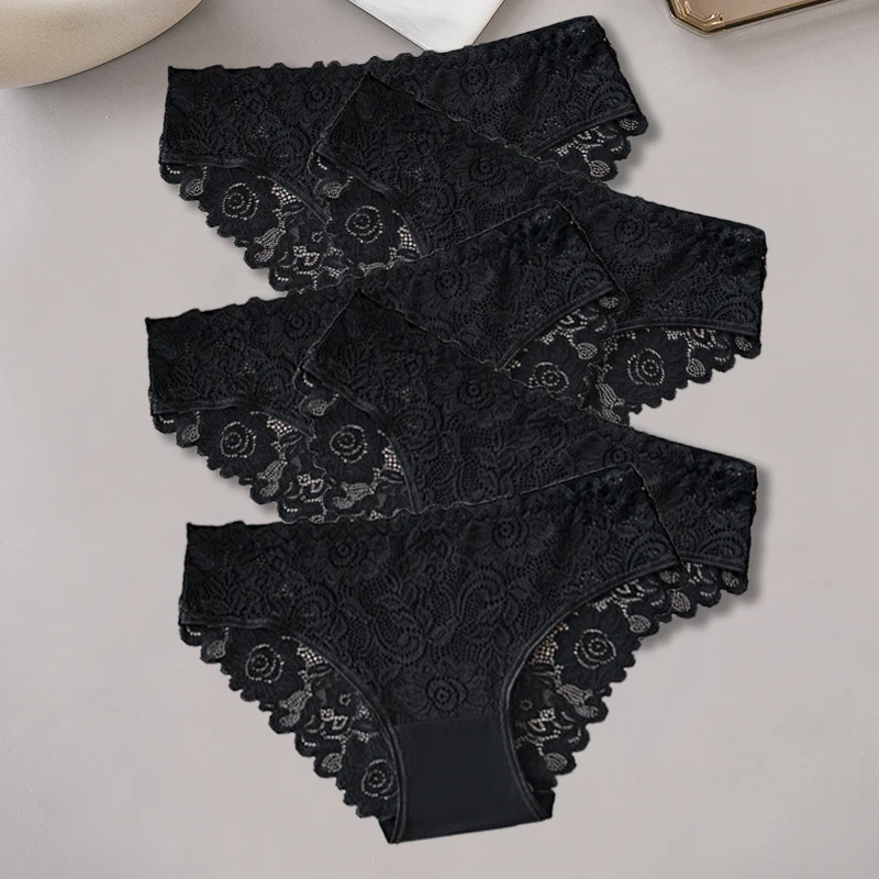 5PCS/Set Solid Color Black Cotton Panties Hollow Out Lace Floral Briefs for Women Comfortable Sexy Female Underwear Lingerie