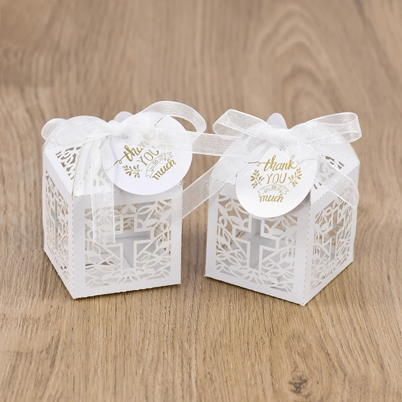 20/50pcs Christening Favors Candy Box Gift Packaging Box With Thank You Tag Kids Birthday Party First Communion Baptism Supplies
