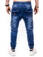High Quality Solid Pocket Jeans Mens Denim Cotton Pants Causal Vintage Cargo Pants Drawstring Stretchy Pencil Jeans Male 2