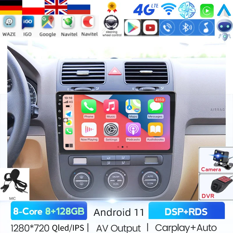 CARPLAY Android 11 автомобильный видеоплеер для VW Volkswagen Sagitar Jetta 5 MT AT 2005-2010 GPS-навигация RDS