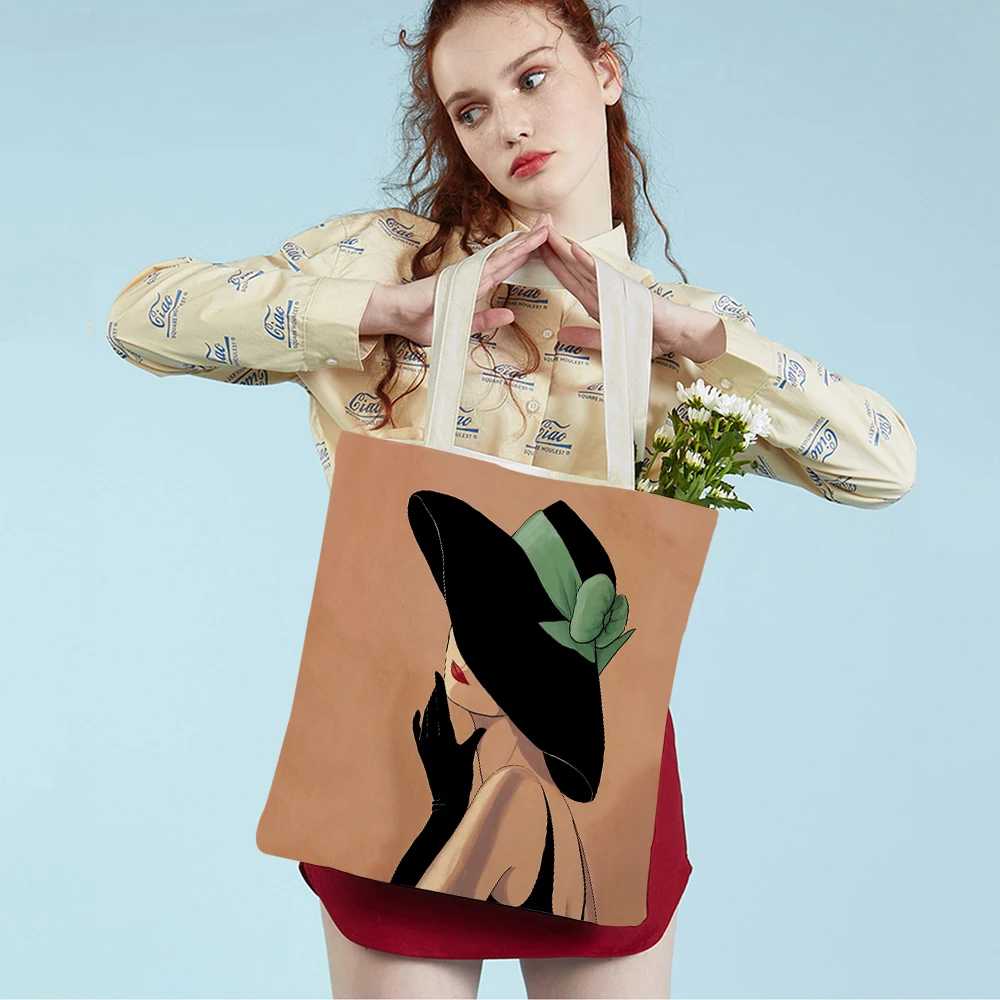 

Vintage Elegant Women Hat Shopping Handbag Both Print Reusable Casual European Sexy Lady Canvas Tote Shoulder Bag