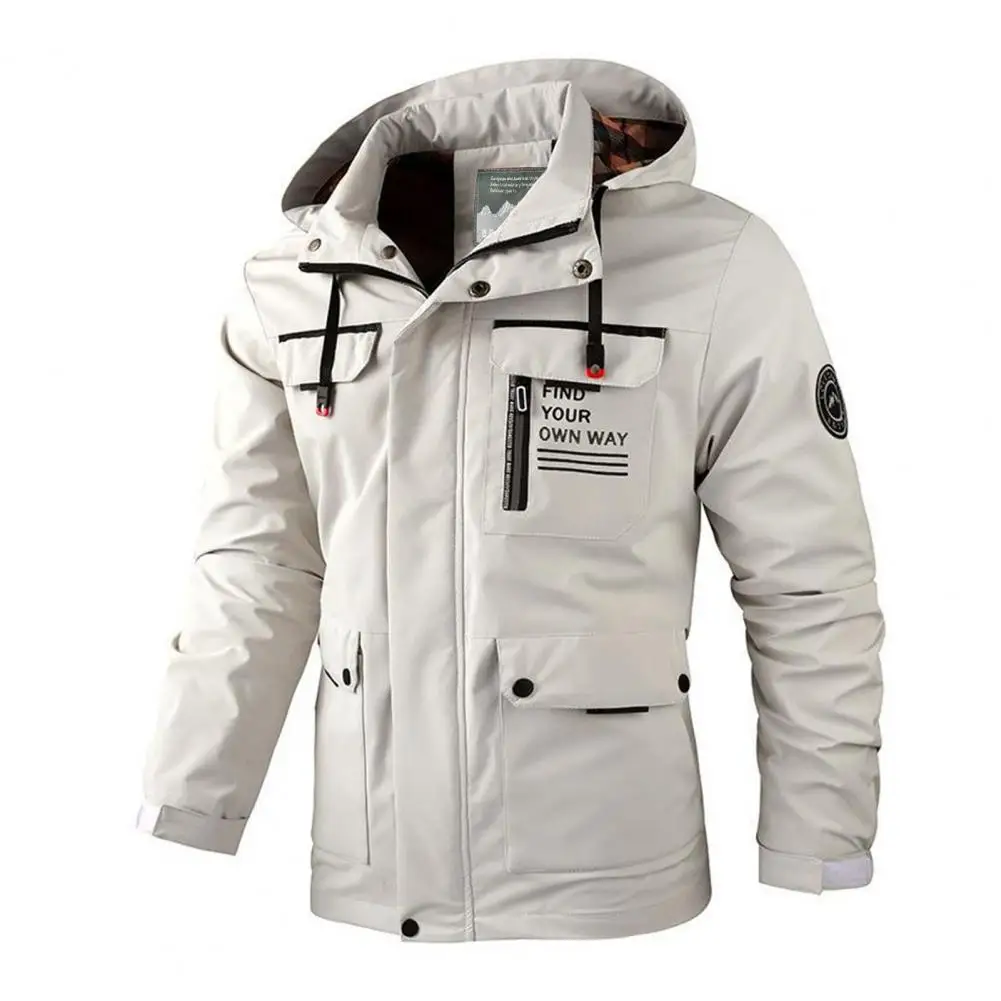 Mens Windbreaker Jacket Lapel Hooded Long Sleeve Multi Pockets Design Waterproof Outdoor Soft Shell Winter Coat
