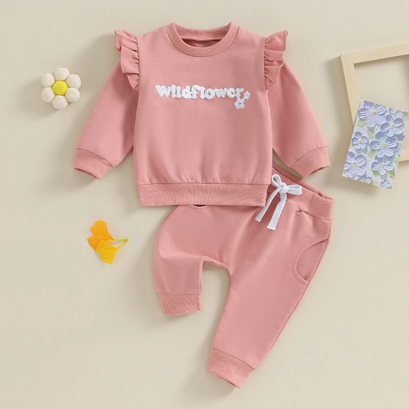 

Toddler Girl Casual Fall Clothes Suits Fuzzy Letter Print Long Sleeve Ruffled Sweatshirt Solid Color Pants with Strap Outfit
