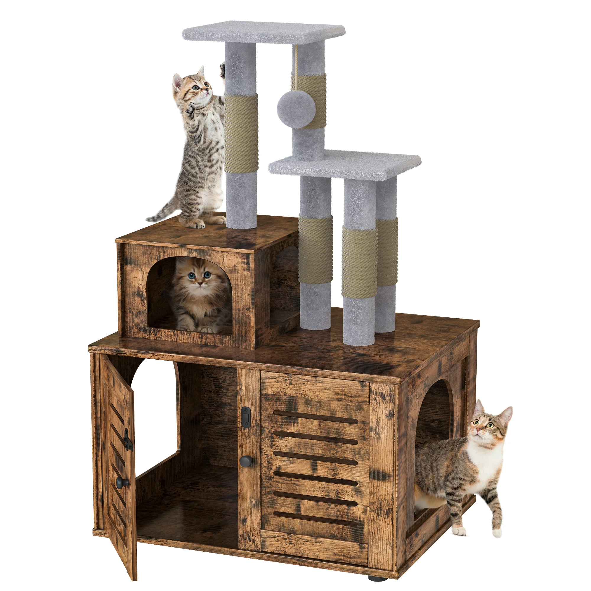 

Cat Litter Box Enclosure Multifunctional Enlarged Cat Litter Cabinet Cat House with Tree Tower Hidden Kitty Washroom