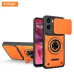 Armored Shockproof Case with Camera Lens Protector and Magnetic Ring Stand Cover for Motorola Moto E15 (Orange)