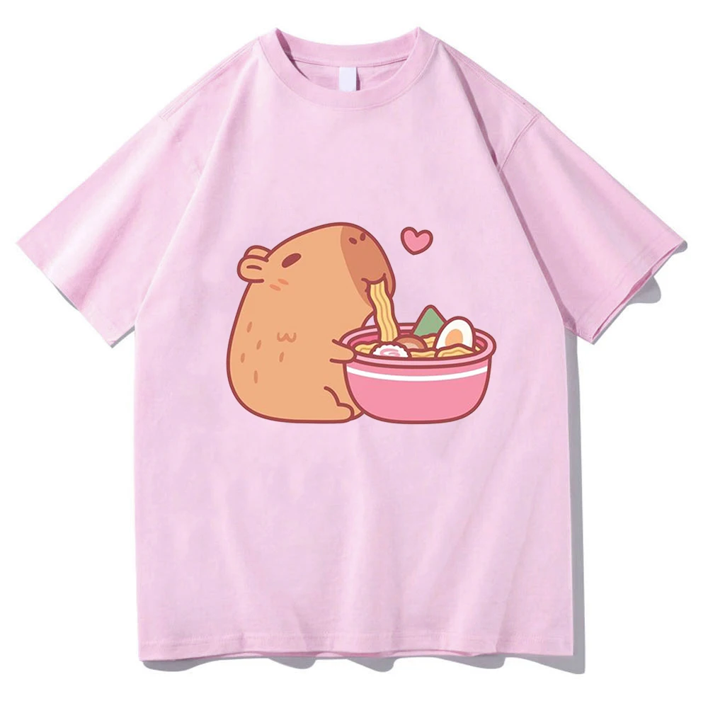 

Capybara Loves Drinking Bubble Tea Short-sleeved T-shirt for Women's Summer Tide Anime Print Shirt 100% Pure Cotton O-neck Tops