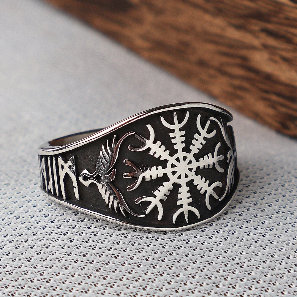 Vintage Viking Vegvisir Compass Rings For Men Acciaio Inossidabile Nordic Odin Raven Amuleto Rune Ring Jewelry Size 9-13