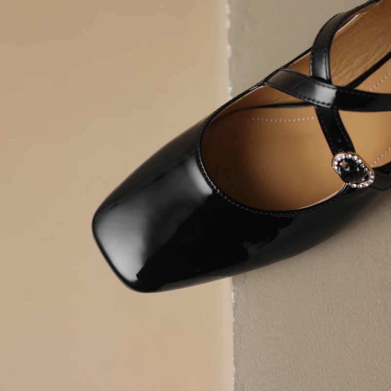 Women's New Spring and Autumn Square Head Genuine Leather Cross Belt Buckle Customized Large Medium Heel Mary Jane Single Shoes