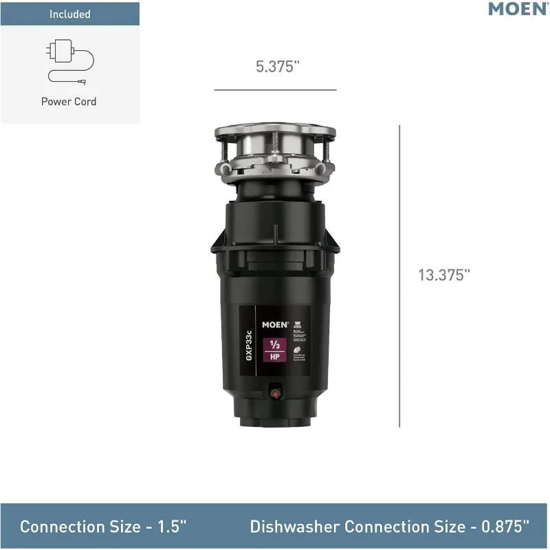 Moen GXP33C Lite Series PRO 1/3 HP Compact Continuous Feed Garbage Disposal for Kitchen Sink, Power Cord Included 6