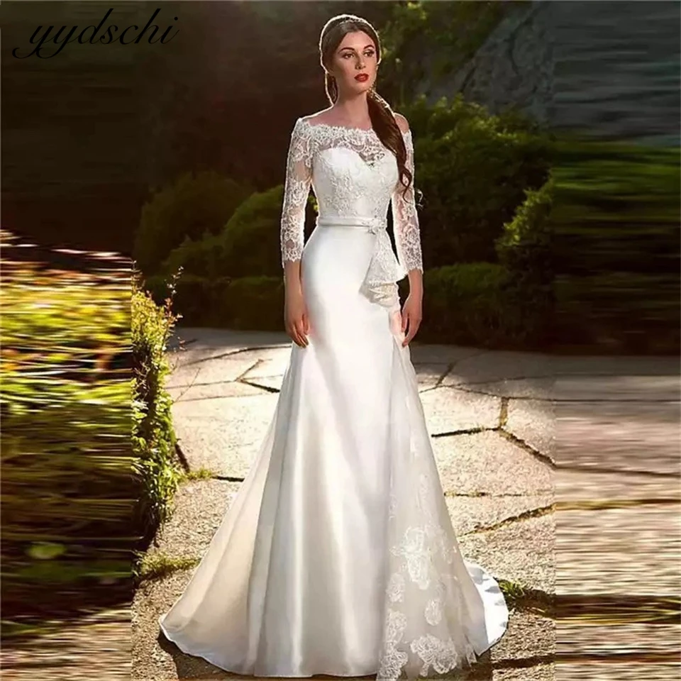 Elegant Satin Lace sashes Boat Neck Cap Sleeves A-line Wedding Dresses For Woman 2024 Sweep Train Bridal Gowns vestidos de novia