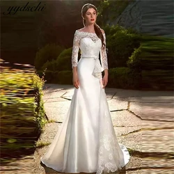 Elegant Satin Lace sashes Boat Neck Cap Sleeves A-line Wedding Dresses For Woman 2024 Sweep Train Bridal Gowns vestidos de novia