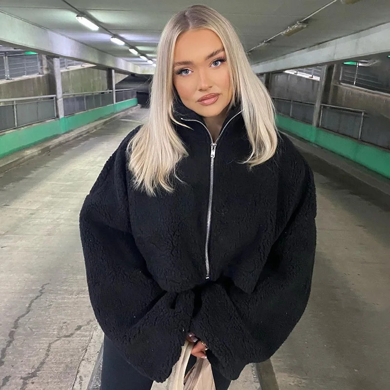 Plush Thermal Furry Loose Zipper Long-sleeved Stand-up Collar Short Jacket Long-sleeved Faux Lamb Streetwear Women Clothing