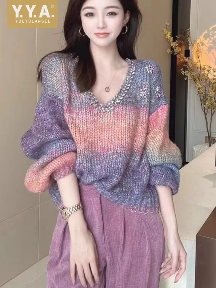 

Женский свитер свободного кроя с градиентом, повседневный трикотажный пуловер с V-образным вырезом и длинным рукавом, весна-осень