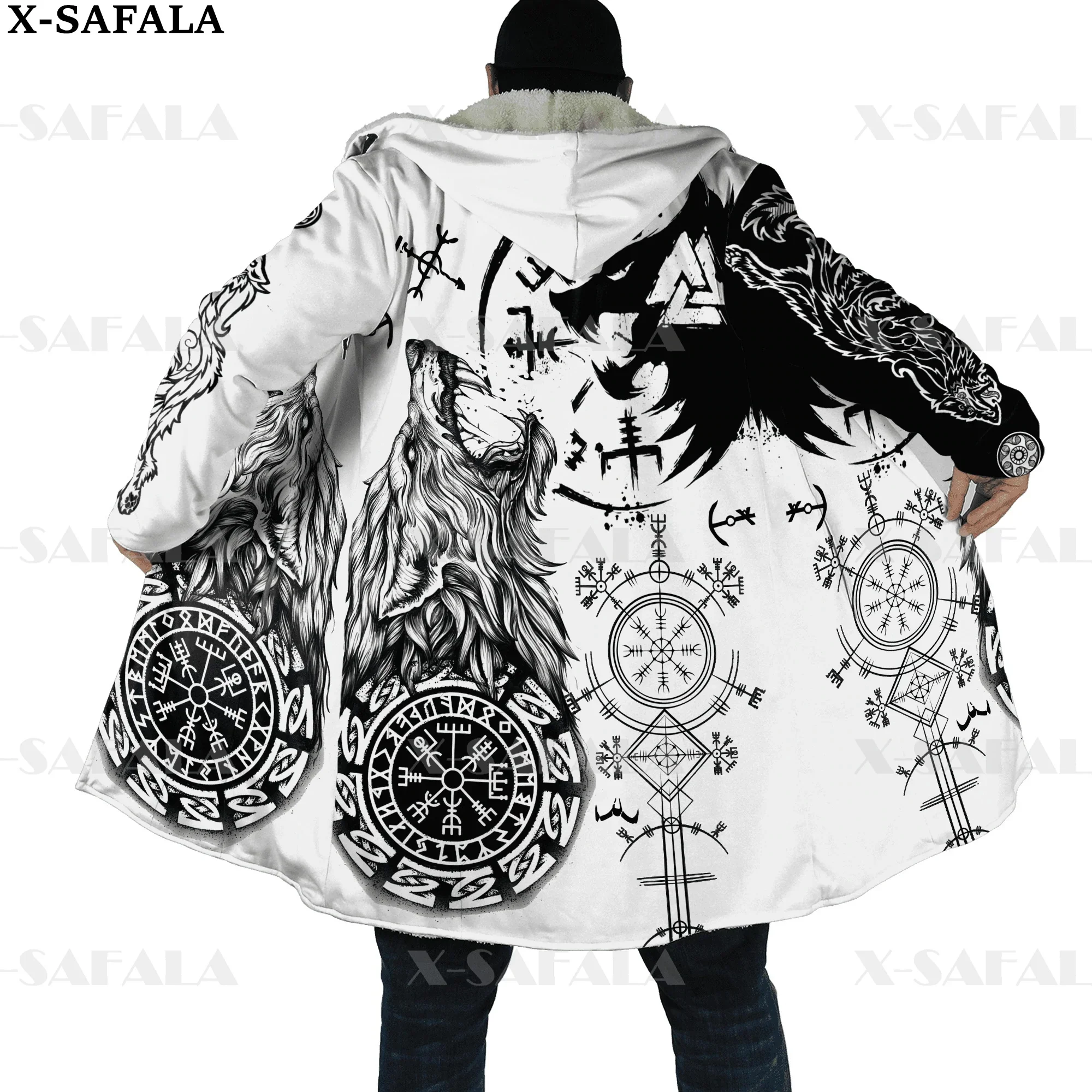 Viking Odin Tattoo Vegvisir Rune Raven Thick Warm Hooded Cloak Men Overcoat Coat Windproof Fleece Cape Robe Hooded Blanket-3