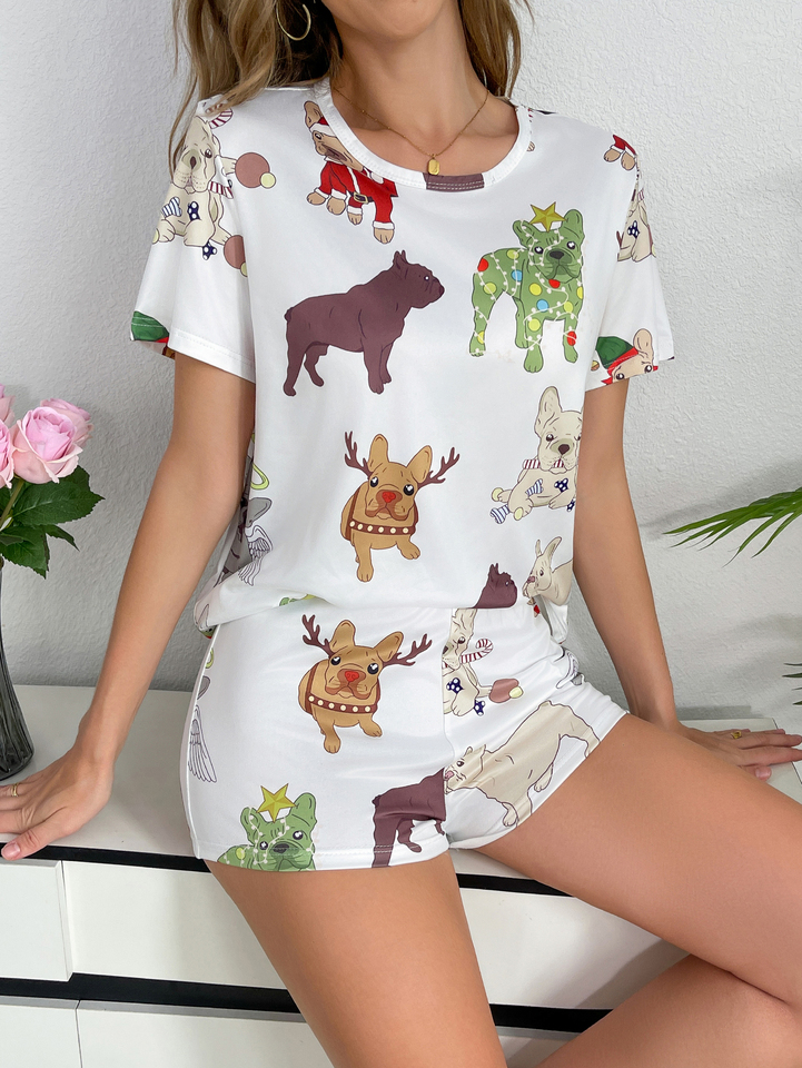 Women's new style cute puppy print pajamas set short sleeve shorts Comfortable two piece soft casual home wear