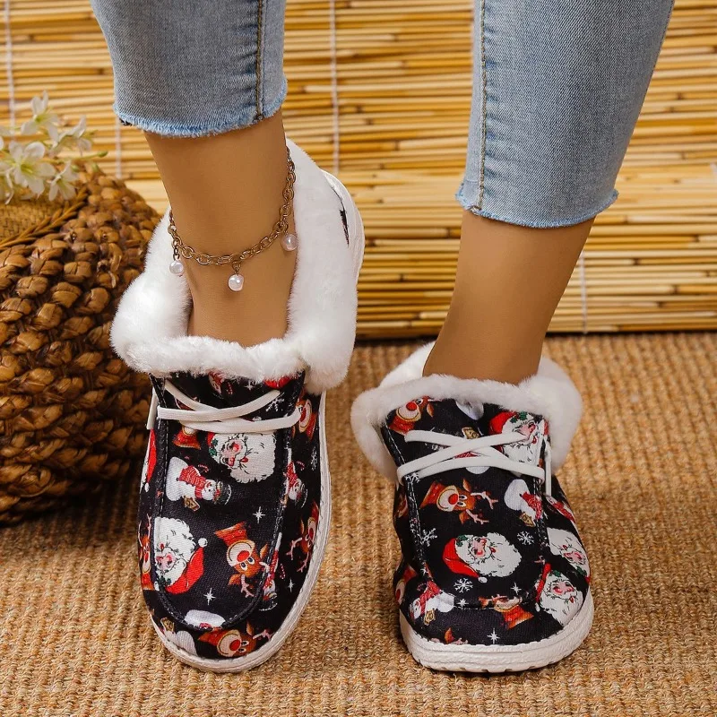 

Women's Printed Autumn and Winter Lace-up Flat Shoes Women's Velvet Warm Cloth Shoes Women's Comfortable Work Shoes XL Size36-44