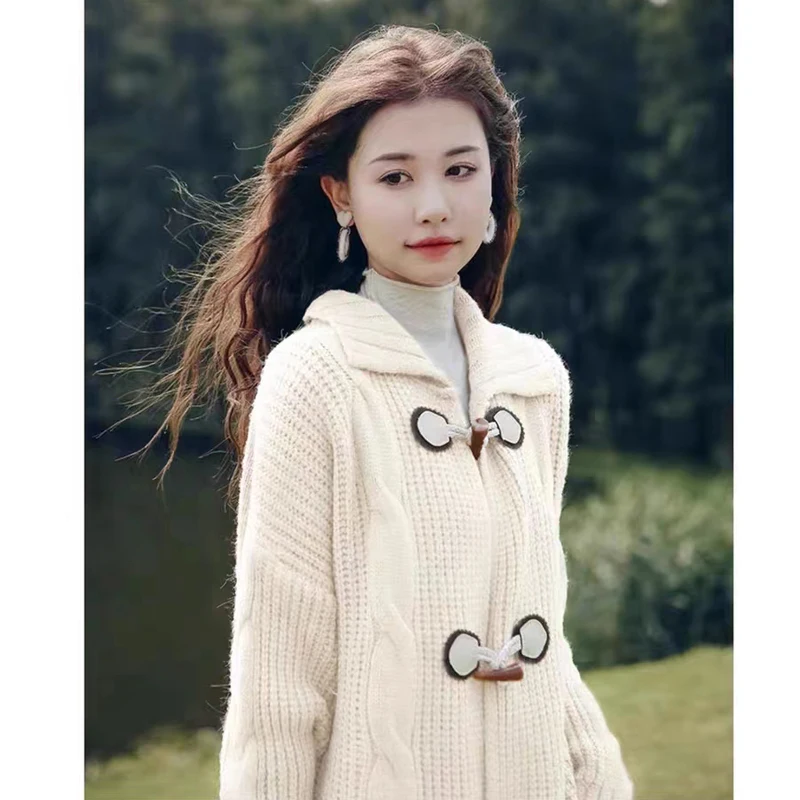 Autumn Maternity Sweaters Korean Style Long Sleeve Turn-down Collar Horn Button Fly Pregnant Woman Knitted Coats Cardigans