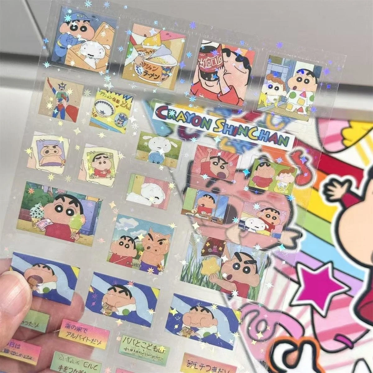 5PCS 크레용 신짱 더블 투명 컷 멤브레인 스티커 DIY 고가치 핸드 계정 장식 레이저 투명 스티커