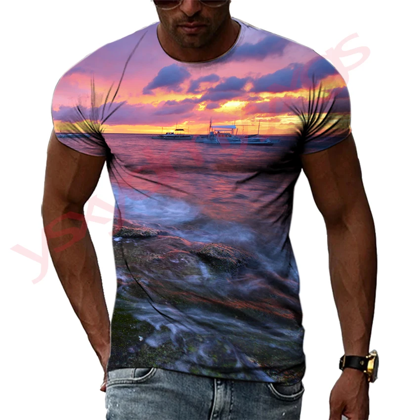 

Summer Tide Mountain And River Scenery Picture Men T-Shirts Casual 3D Print Tees Hip Hop Personality Round Neck Short Sleeve