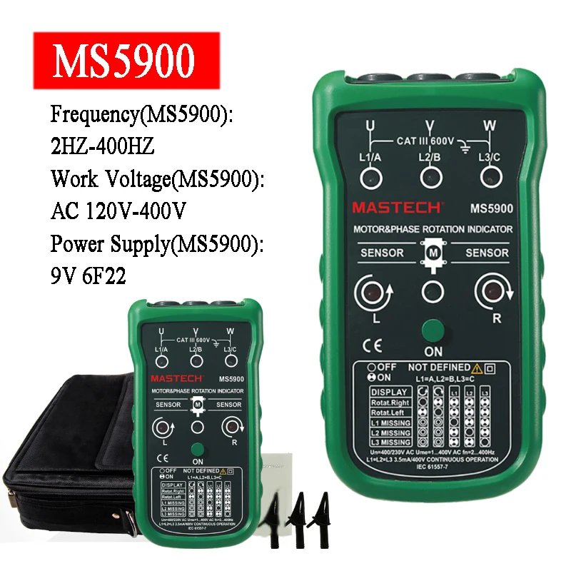 Mastech MS5900 3 Motor Meter Sequence Tester Digital Tecrep Non-contact Rotary Field Indicator LCD Handheld Portable Multimetro