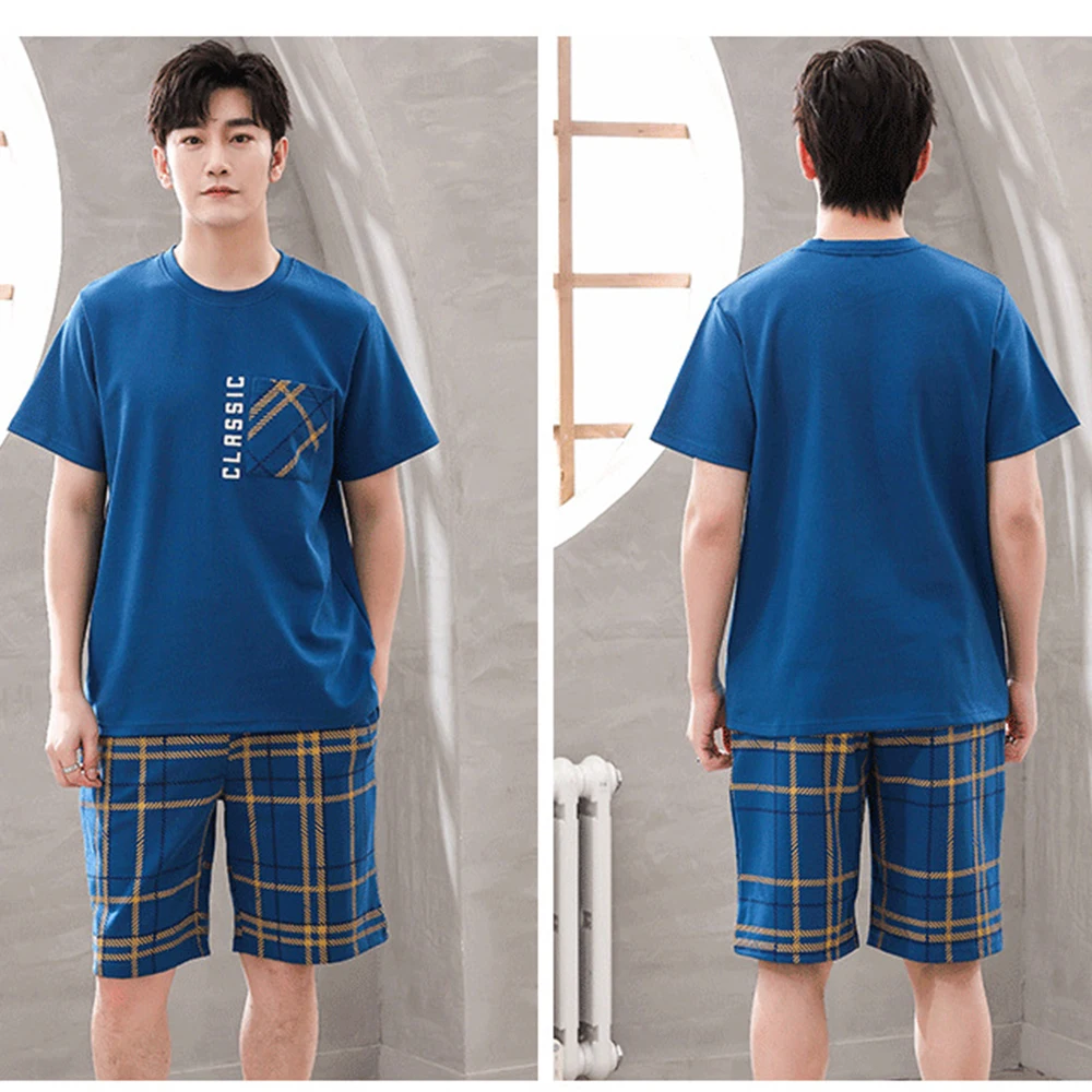 Pajamas Set Man Pajamas Set Trendyol Print Male Plaid Sleepwear Pajamas for Men Summer Cotton Thin Men's Pijama Hombre Sets Causual Comfortable pyjama homme