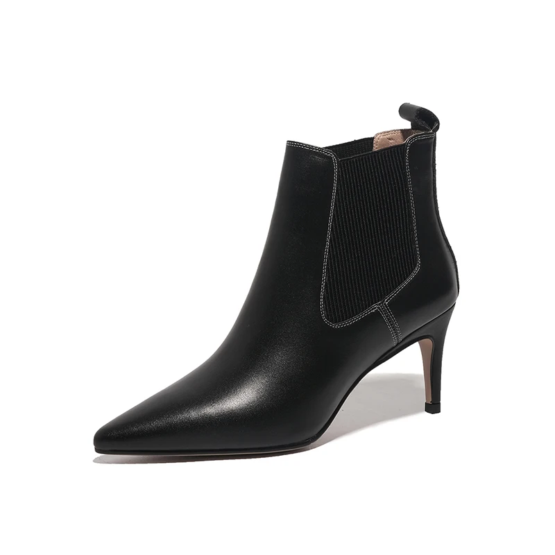 

Genuine Cow Leather Shoes for Women Ankle Boots 2023 Black Beige Kitten Heel Pointed Toe Slip on Elastic Band Heel Height 7cm
