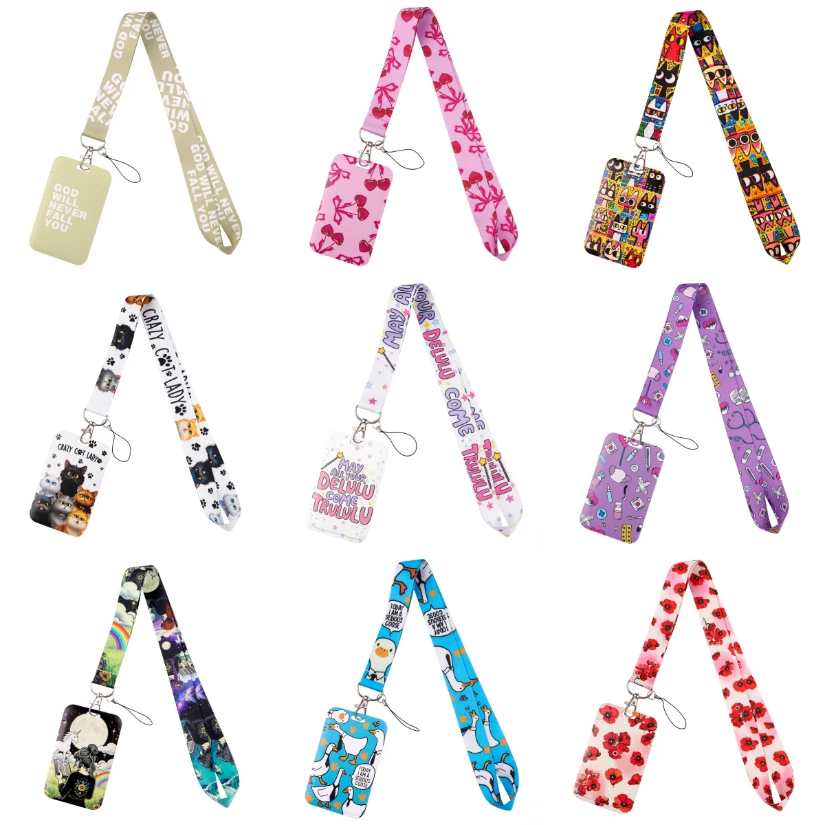 Floral Cartoon Cat Lanyard with ID Card Holder - Stylish Neck Strap