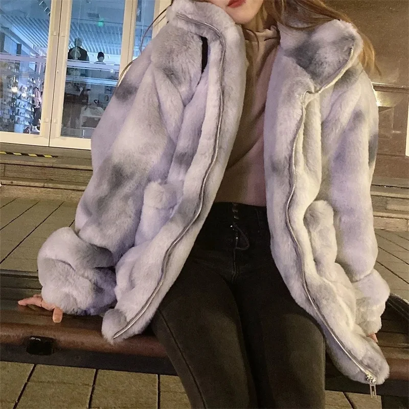 2023 Tie Dyed Rabbit Hair Imitation Plush Mid length Standing Collar Loose Casual Cotton Dress Thickened Lamb Hair Coat Women's