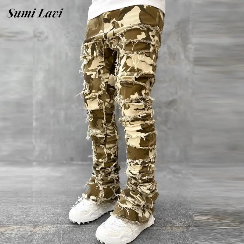 

Fashion Camouflage Jeans For Men Autumn Streetwear Hip Hop Slim Straight Denim Pants Mens Vintage Hollow Out Ripped Jean Trouser
