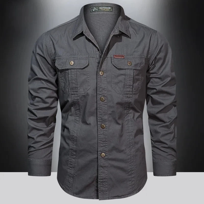 Cotton Shirt Autumn Military Style Men Solid Color Slim Casual Long Sleeve Shirts 5XL