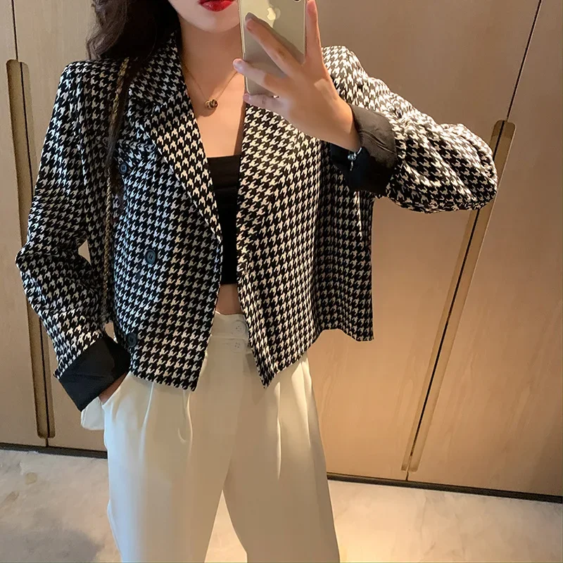 Fashion Houndstooth Blazer Suit Women Single Breasted All-Match Casual Office Blazer Office Lady 2024 New Commute Plaid Suit