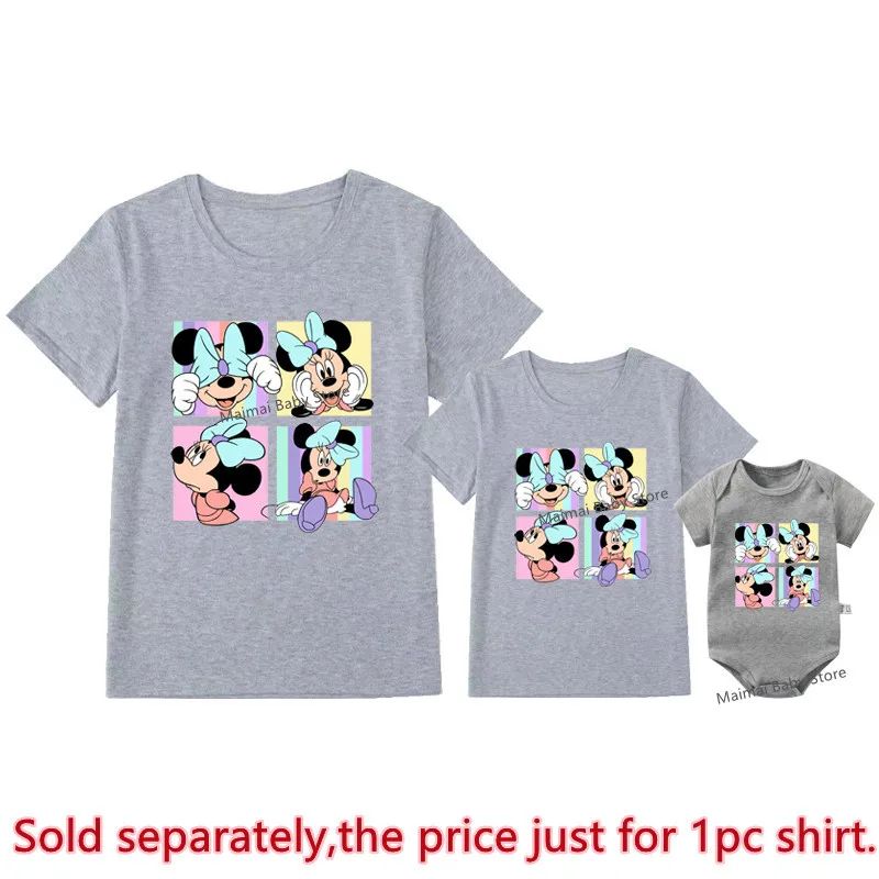 New Disney Minnie Mouse Shirts Cute Mother and Kids Tshirts Tops Baby Romper Funny Look Disneyland Trip Family Matching Outfits 5