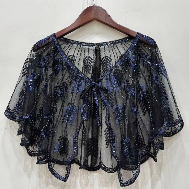 Retro 1920er Jahre Perlen Pailletten Schal Vintage Flapper Abend Cape Sheer Mesh Stickerei Blatt Frauen Bolero Party Zubehör – Detail 11