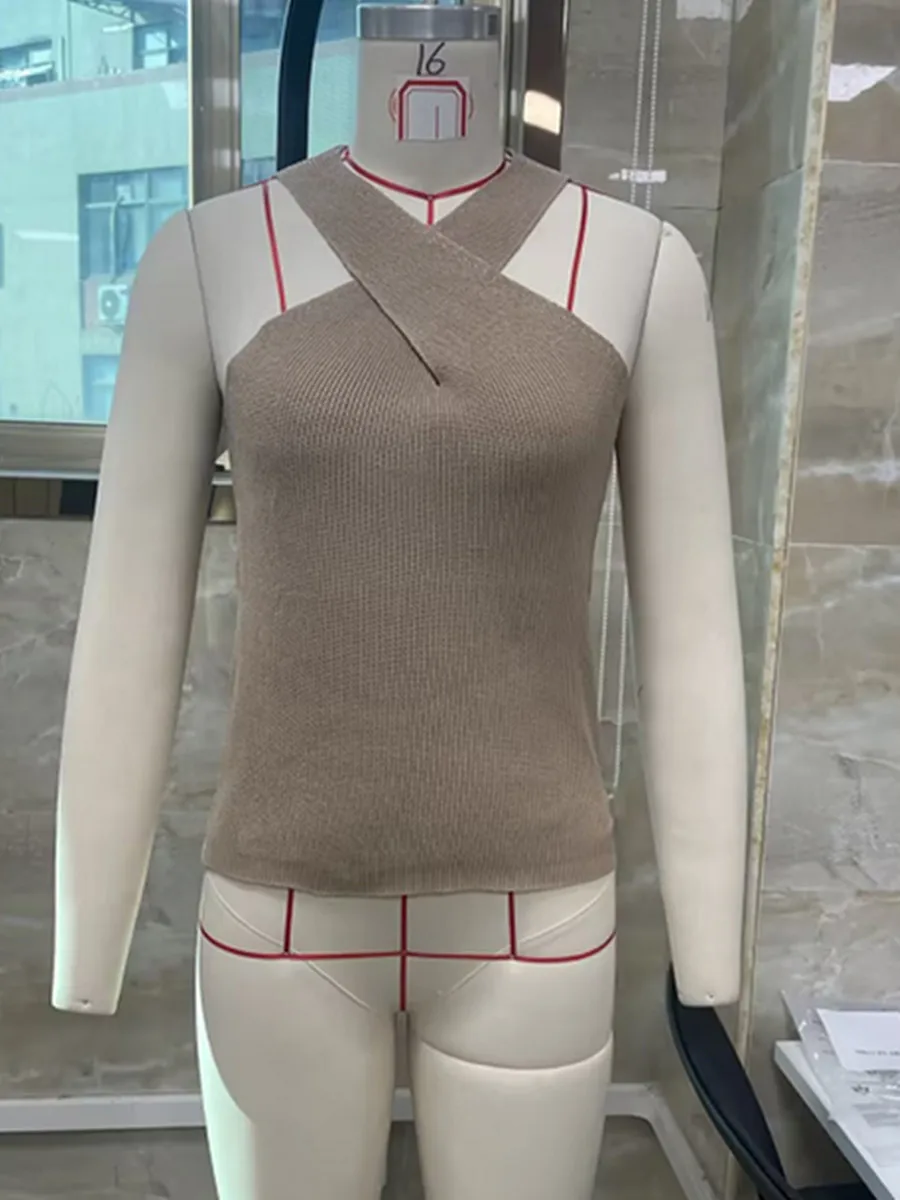 Women's Summer Knit Tank Tops Solid Color Sleeveless Cross Front Slim Sweater Vest Ladies Chic Camis Vest for Streetwear Y2K 00s image