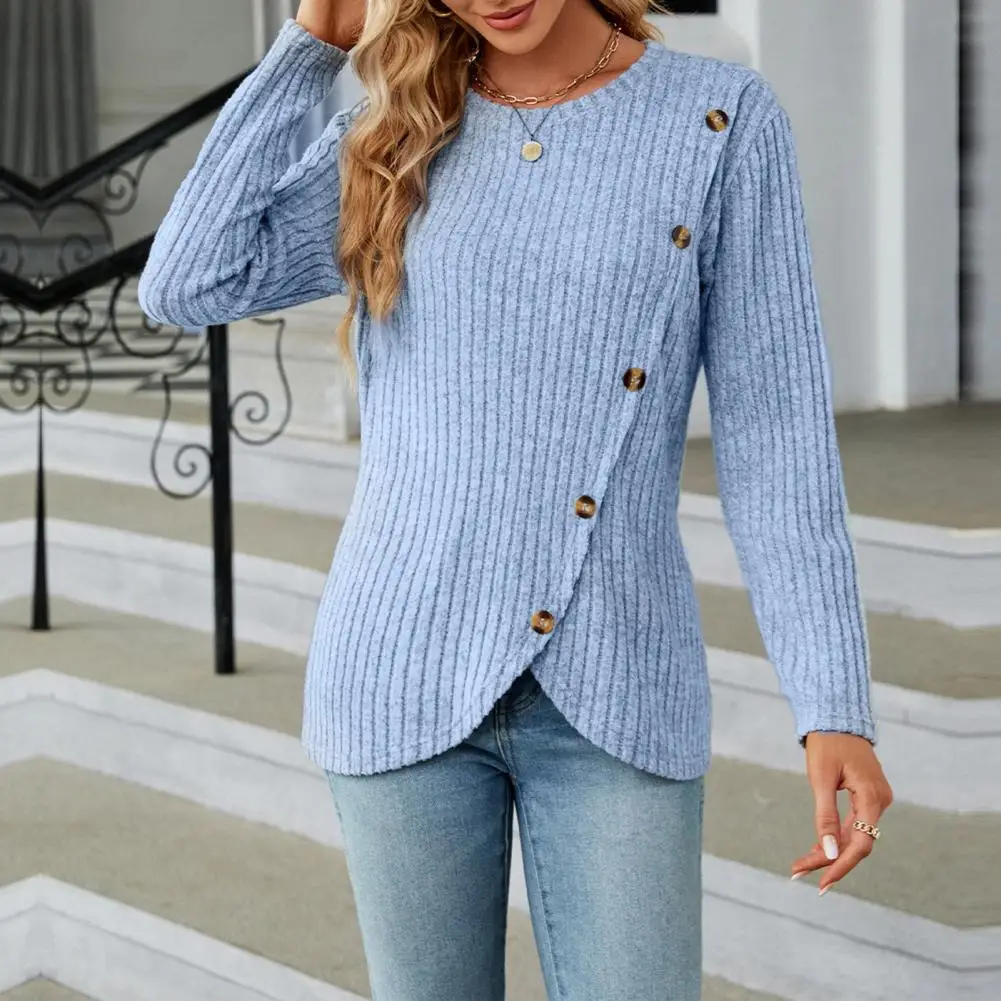 

Women Fall Winter Sweater Button Decor Round Neck Long Sleeve Thick Warm Asymmetric Hem Soft Striped Texture Lady Sweater