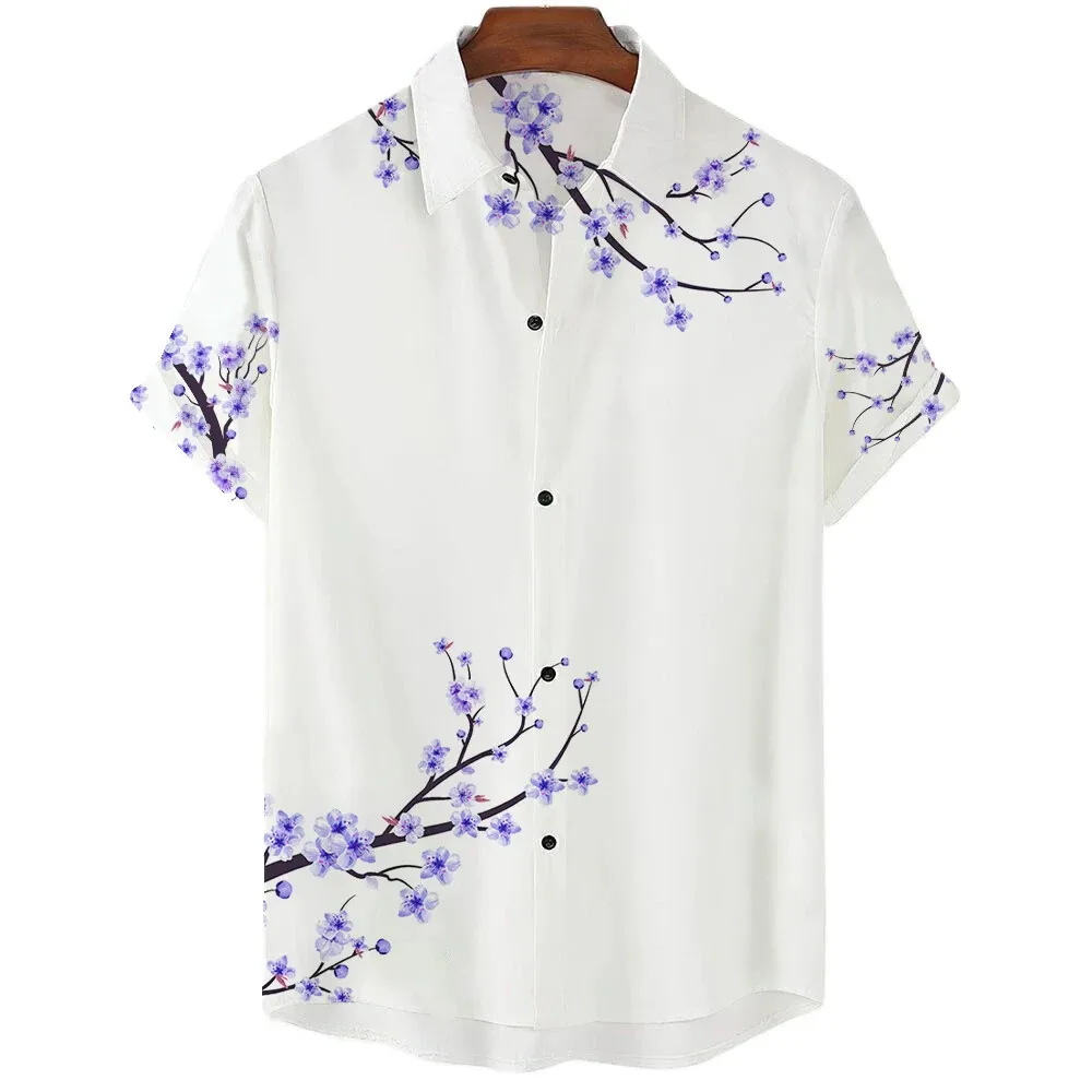 Pure White Simple Design Cherry Blossom Print Men's Casual Short Sleeve Shirt Summer Floral Casual Vacation Men's Top Oversized 4