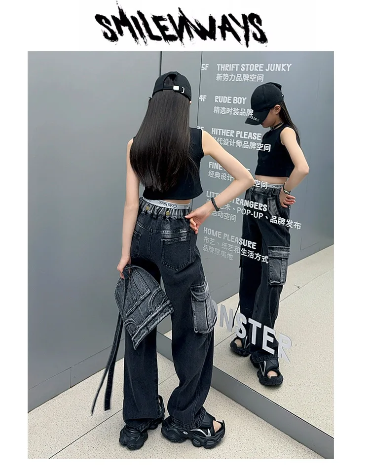 2025 Spring/Autumn Girls Denim Overalls Trendy Detachable Wide-Leg Jeans for Kids Stylish Versatile Casual Two Wear Trousers