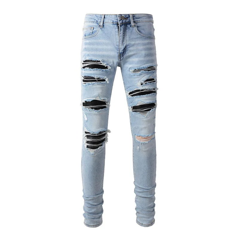 New Fashion Purple Jeans Man with Distressed Hole Patches Fashion Repair Low Rise Skinny Denim Pants 28-40 Size 2