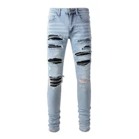 New Fashion Purple Jeans Man with Distressed Hole Patches Fashion Repair Low Rise Skinny Denim Pants 28-40 Size 2