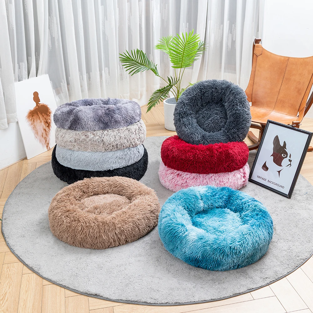 Pet Bed Long Plush Cat Bed Round Donut Anti-anxiety Ped Mat Calming Kennel Warm Outdoor Pet Cat Dog Mat Portable