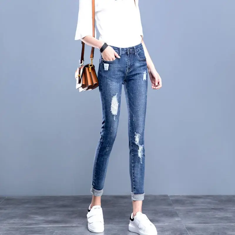 Streetwear Skinny Ripped Hole Jeans For High Waist Vintage Blue Pencil Denim Pants Korean Capris Slim Cowboy Trousers Women's