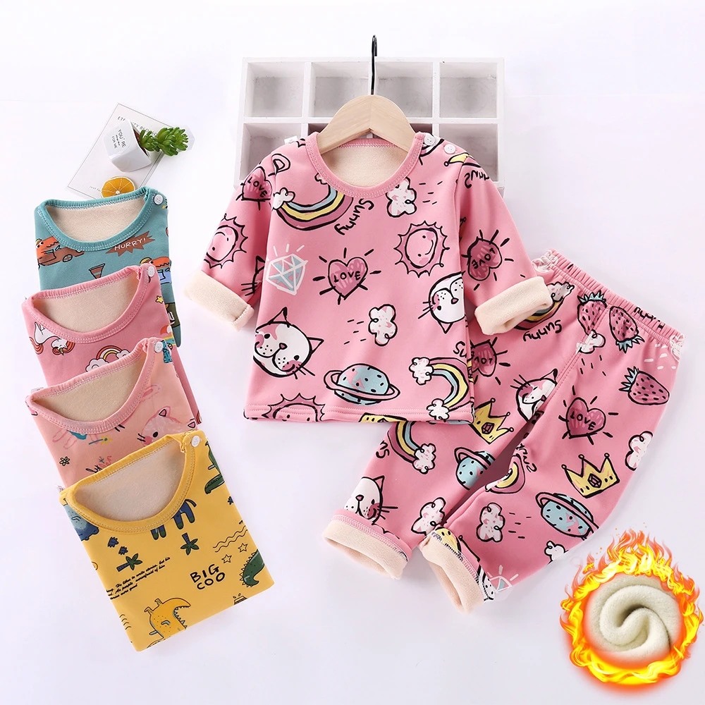 Children's Plus Velvet Warm Clothing Sets 2-8y Baby Boys Thickened Long Sleeve Clothes Girls Pajamas Suit Kids Thermal Underwear baby essentials clothing sets