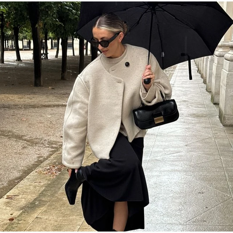 Elegant Solid Woolen Blend Jacket For Women Fashion Button O-neck Long Sleeve Coat New Autumn Winter Commute Warm Outwear