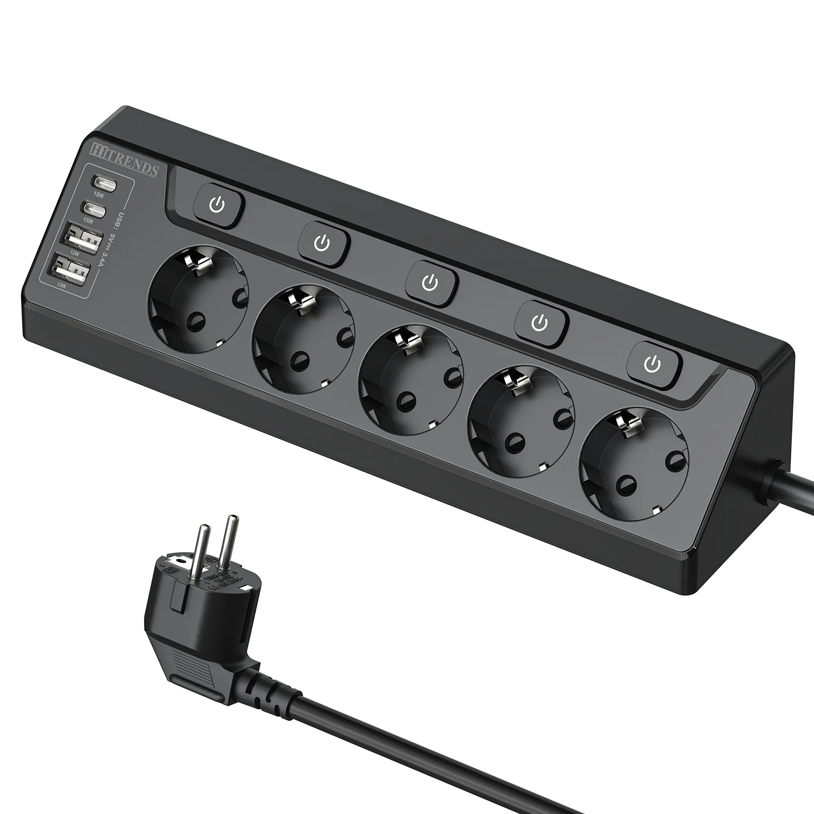 EU 5-Wege-Steckdosen Desktop-Steckdosenleiste mit individuellem Schalter, Mehrfachsteckdosen mit USB-Aufladung, 2 m Verlängerungskabel